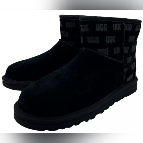 NEW UGG MEN\'S CLASSIC MINI II UGG PRINT LOGO BLACK SUEDE SHEEPSKIN BOOTS Size 10 main image 4